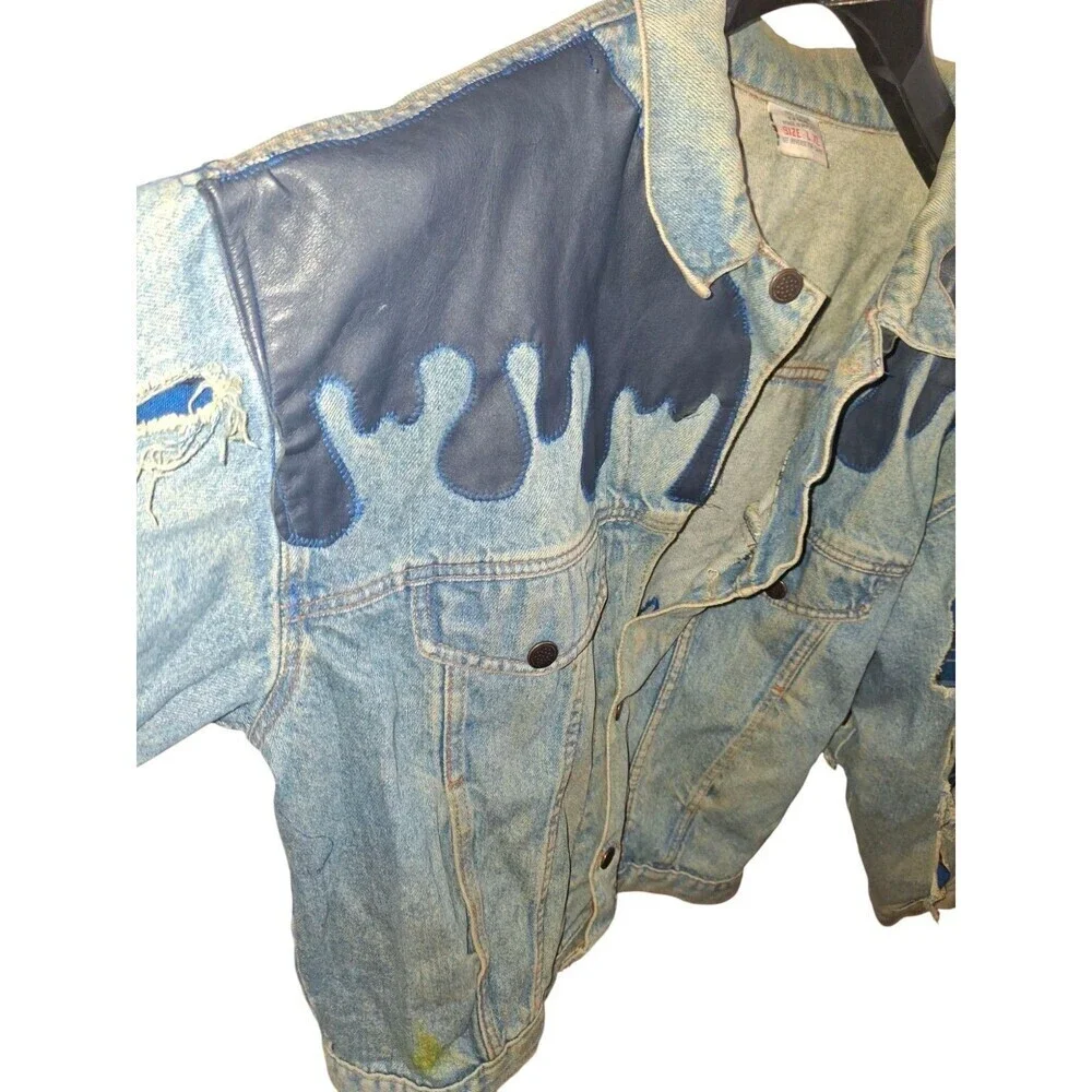 Custom Vintage Denim Jacket Trucker Size L Sauce Blue Plaid Drip Rizz Ripped‎